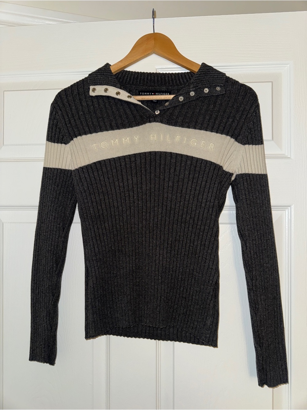 Tommy Hilfiger Black Sweater with Cream Chest Stripe and Snap Collar